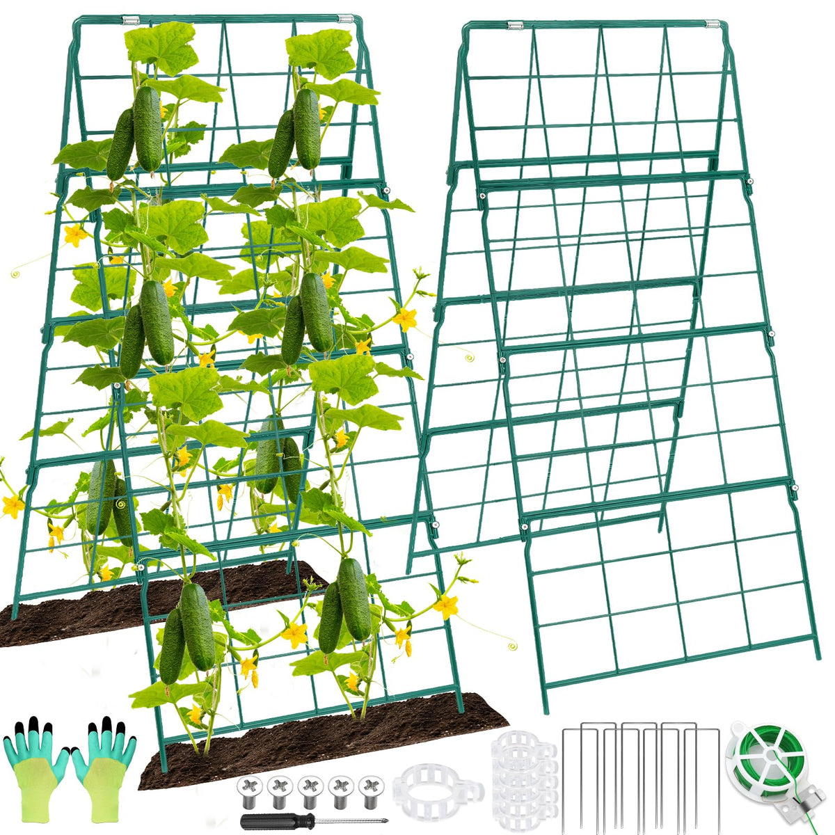 Qinzave cucumber trellis in raised bed with A-frame design supporting vines for tidy harvest