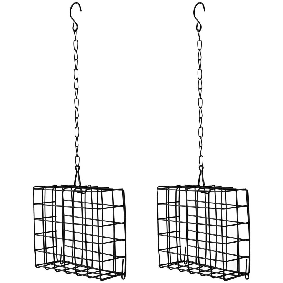 Quivorant 2Pcs outdoor suet cage feeder on tree attracts woodpeckers.