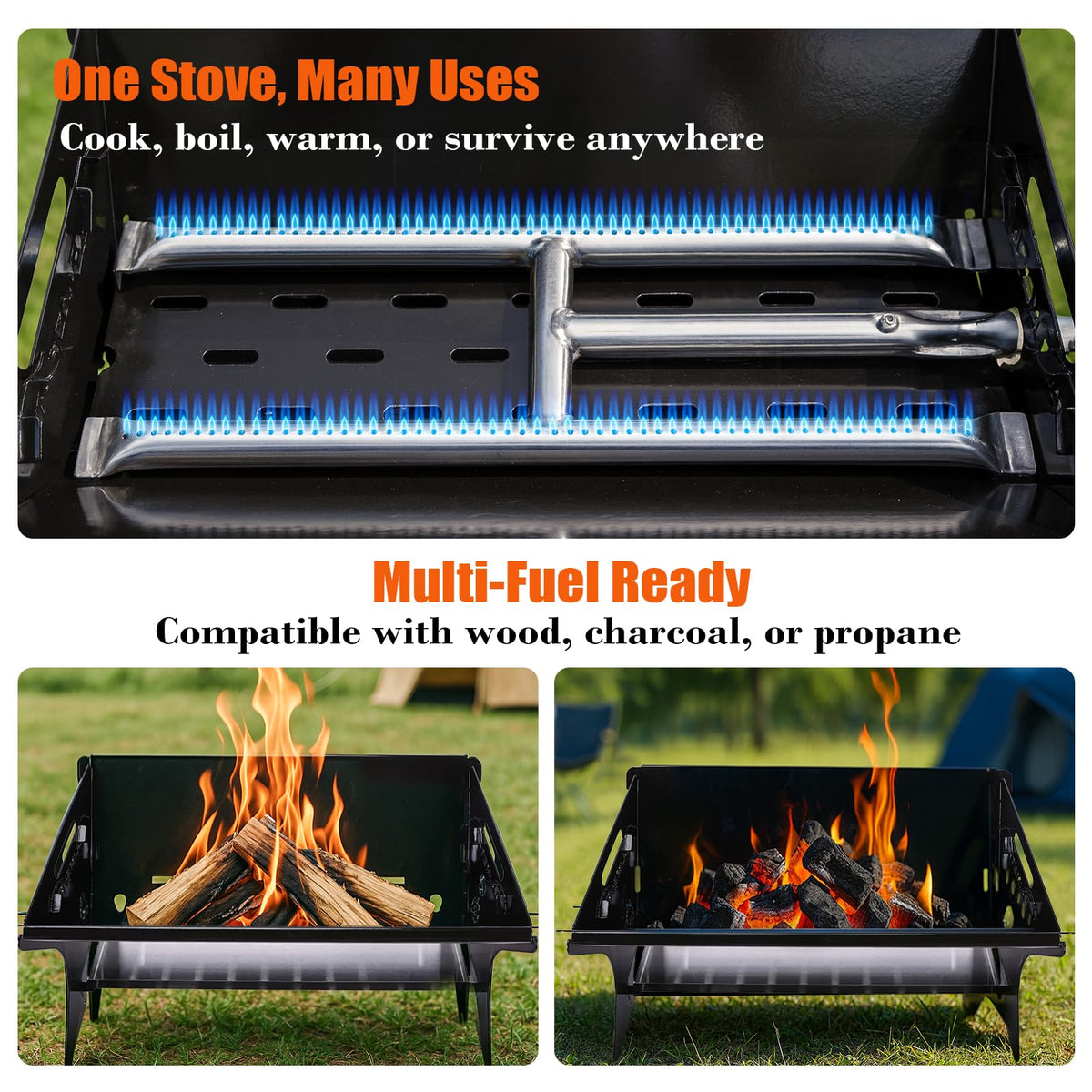 QuliMetal 3-in-1 fuel versatility for charcoal, wood, or gas cooking on the go