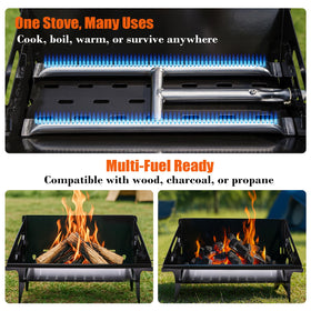 QuliMetal 3-in-1 fuel versatility for charcoal, wood, or gas cooking on the go