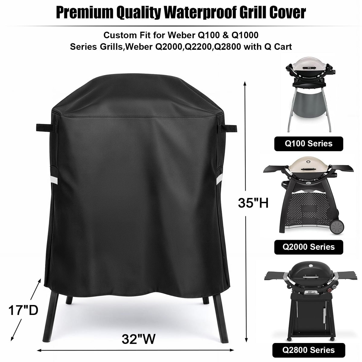 QuliMetal 7113 grill cover on Weber Q120 side view with secure fit