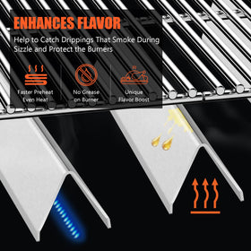 Stainless steel flavorizer bars during grilling reducing flare-ups and preserving juices.