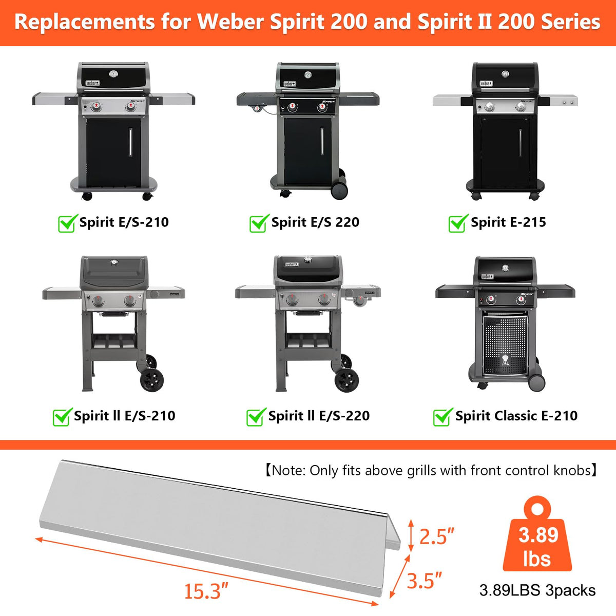 QuliMetal flavorizer bars packaging and components for Weber Spirit 200 series.