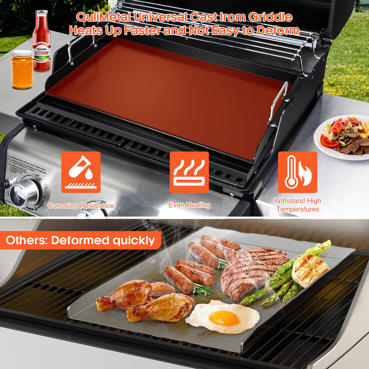 QuliMetal griddle 550°F safe design with warp-resistant support for even searing.