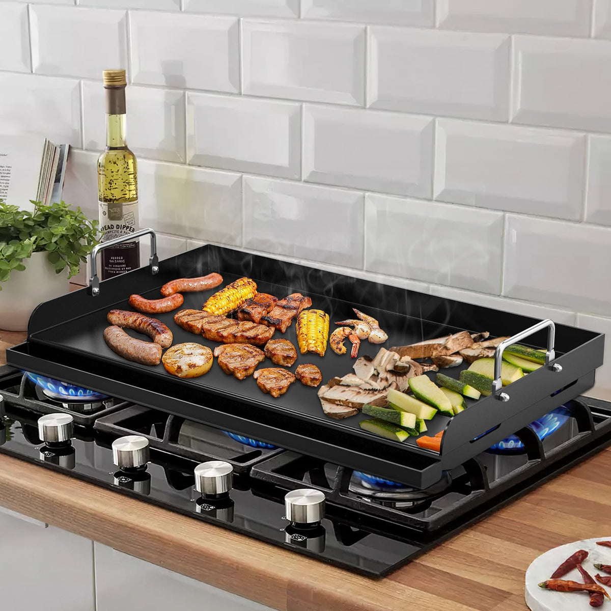 QuliMetal griddle in camping setup showcasing portable outdoor cooking versatility.