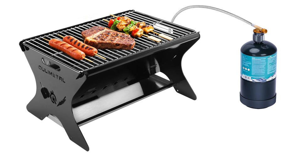 QuliMetal portable camping grill folded for easy transport during outdoor trips