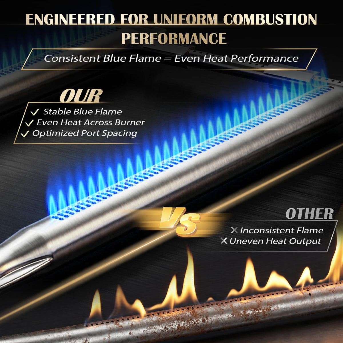 QuliMetal Weber Spirit 300 crossover tube enabling uniform flames.