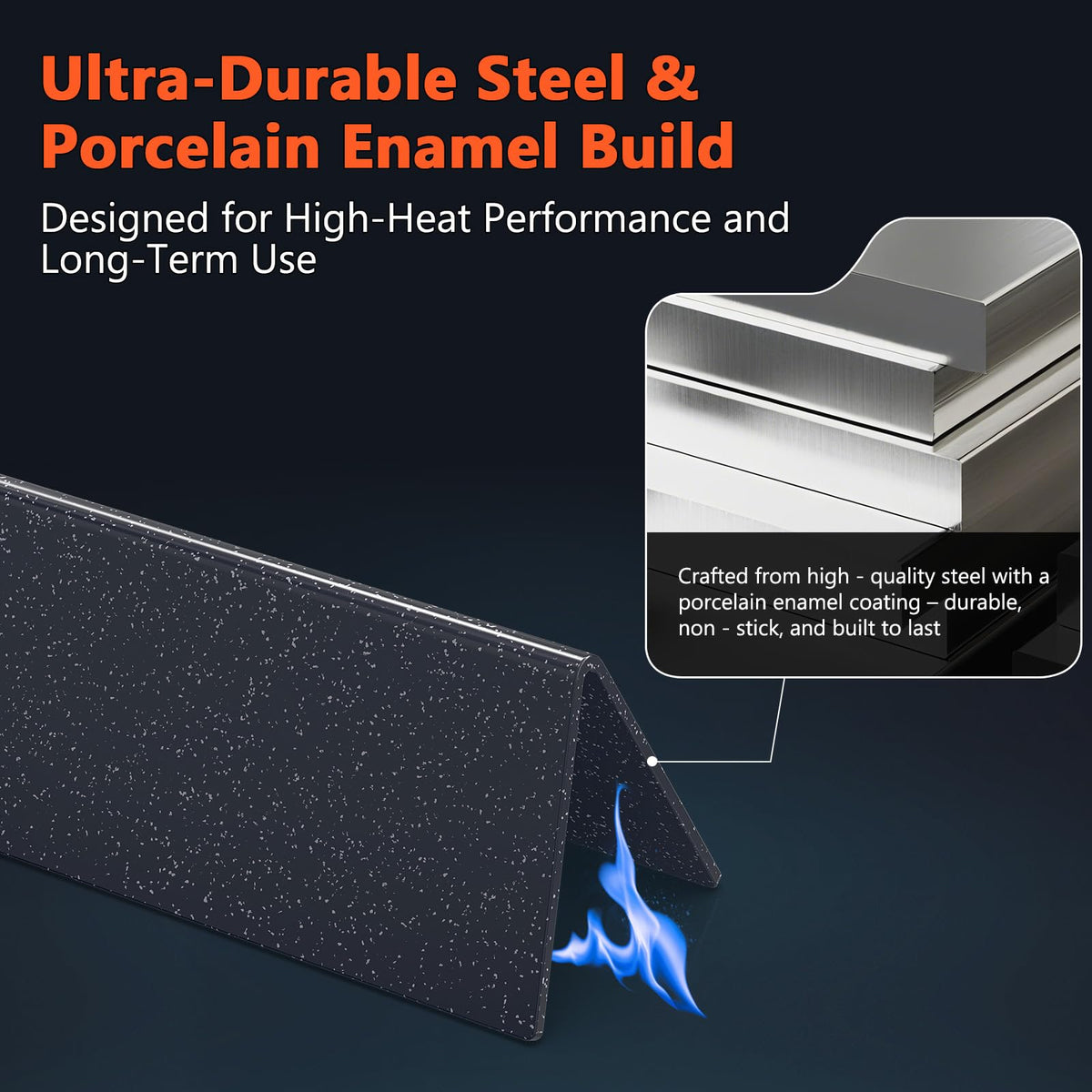 QuliMetal 16GA flavorizer bars close-up showing thick porcelain steel for durability.