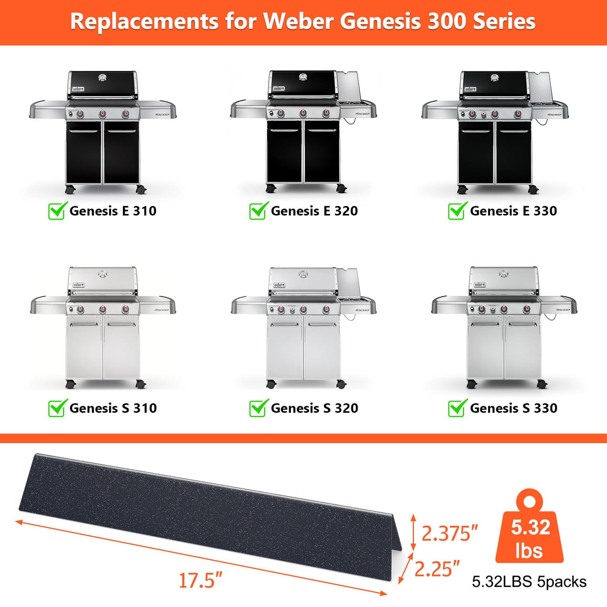 QuliMetal 5-piece flavorizer bar set for Genesis 300 Series, easy installation.