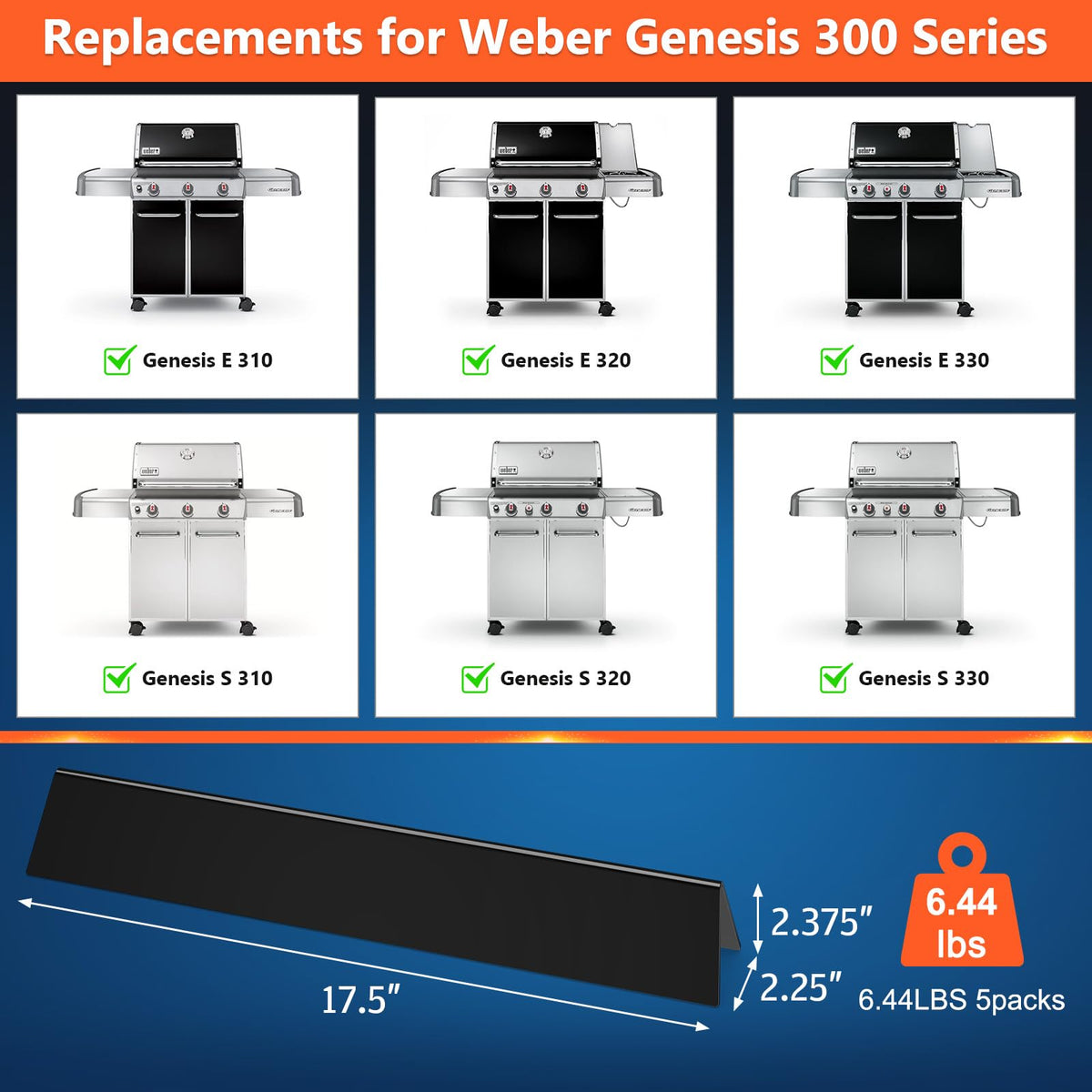 QuliMetal 17.5-inch flavorizer bar for Genesis 300-series compatibility.