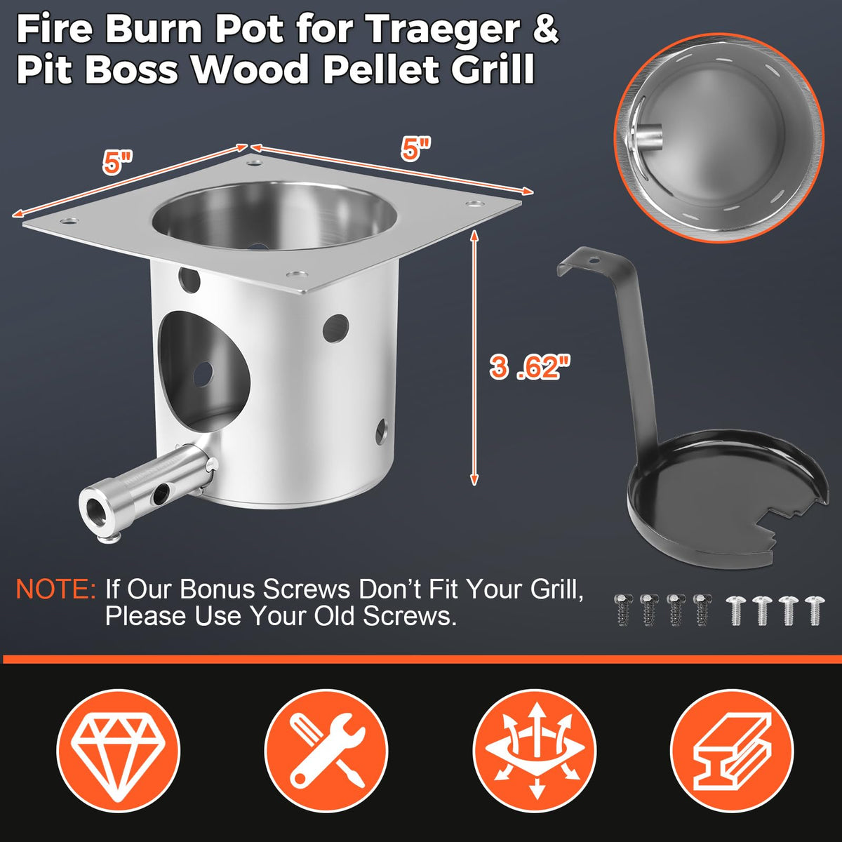 QuliMetal ash remover included with burn pot for quick cleanup.