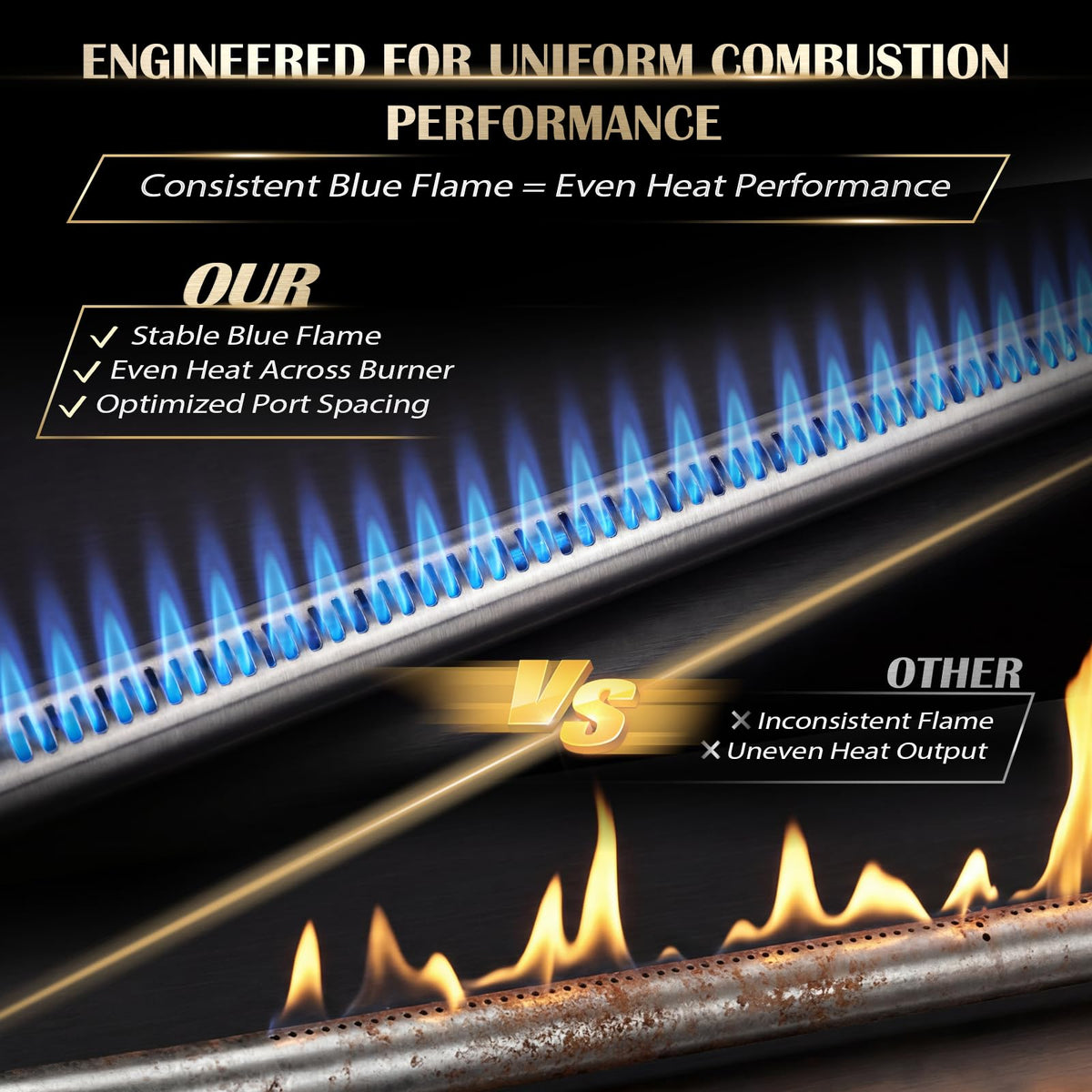 QuliMetal burner dimensions image displaying 34 1/4 inch length for precise fit