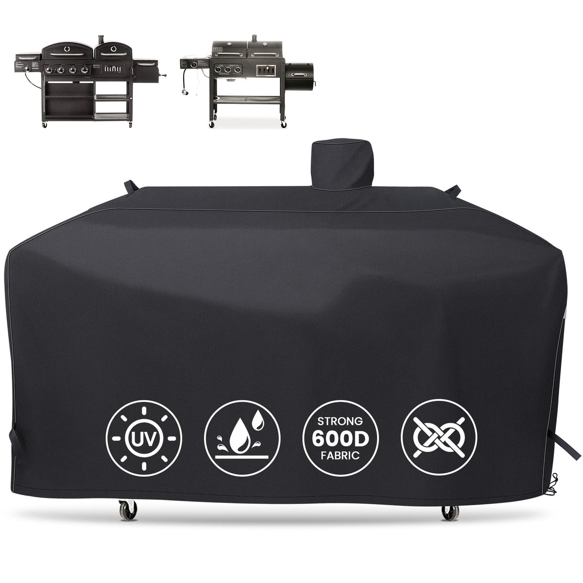 QuliMetal GC7000 full-coverage grill cover protects the 79-inch grill from sun and rain.
