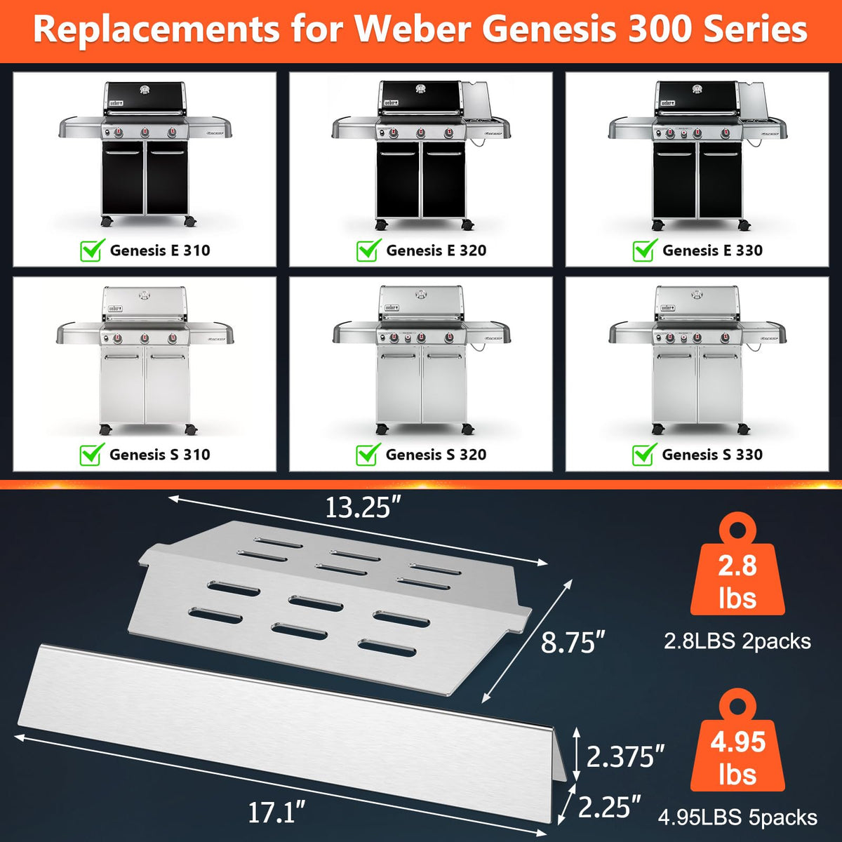 QuliMetal Genesis flavorizer bars for Weber 300 series provide even heat and easy cleaning