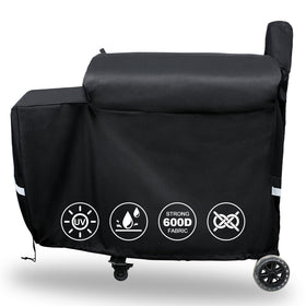 QuliMetal grill cover shows waterproof fabric protecting your pellet grill from rain and stains