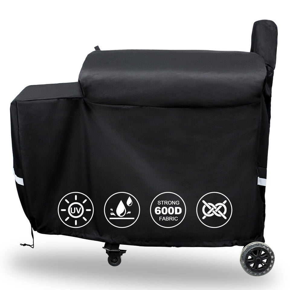 QuliMetal grill cover shows waterproof fabric protecting your pellet grill from rain and stains