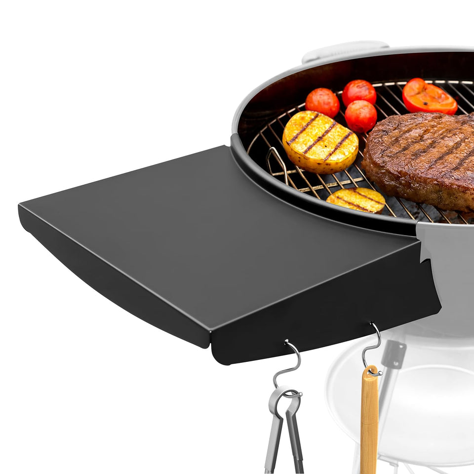 QuliMetal grill table shelf attached to Weber Master-Touch 22-inch for extra prep space.