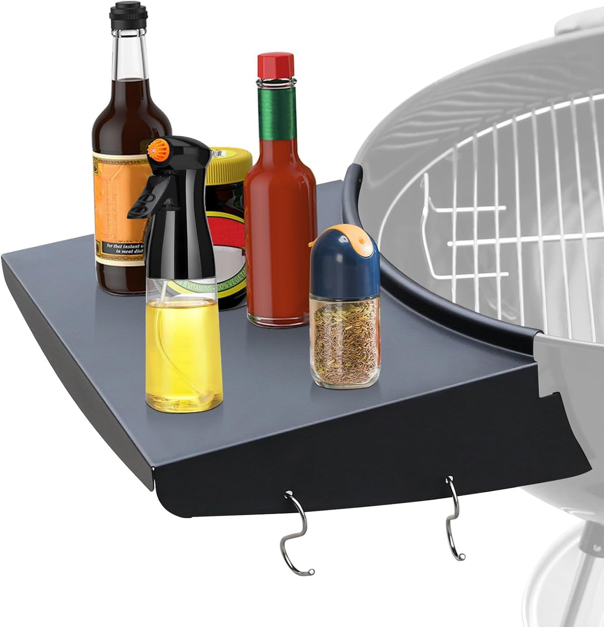 Outdoor grill workspace by the kettle stays tidy with QuliMetal shelf.