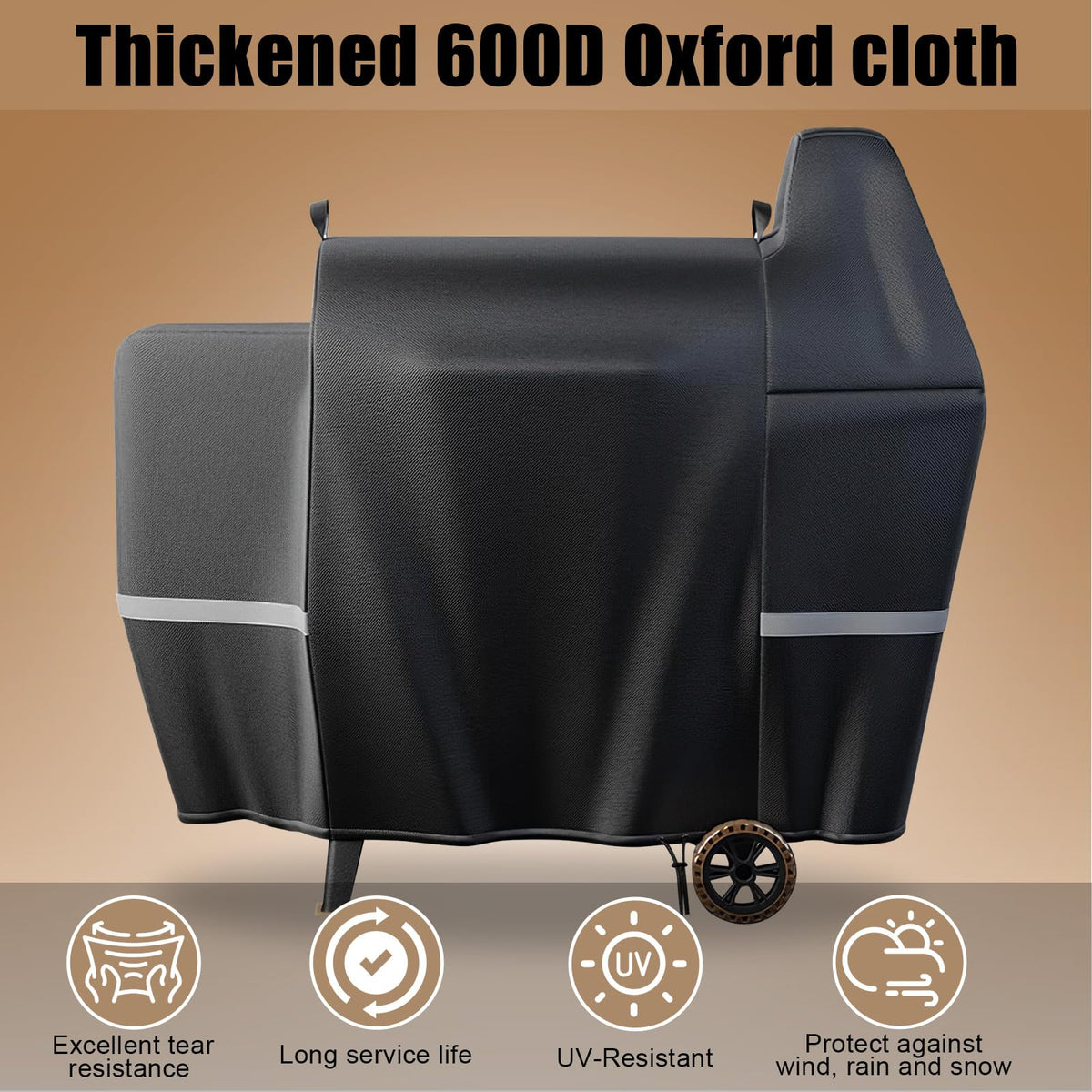 Elastic drawstrings securing grill cover against wind and movement
