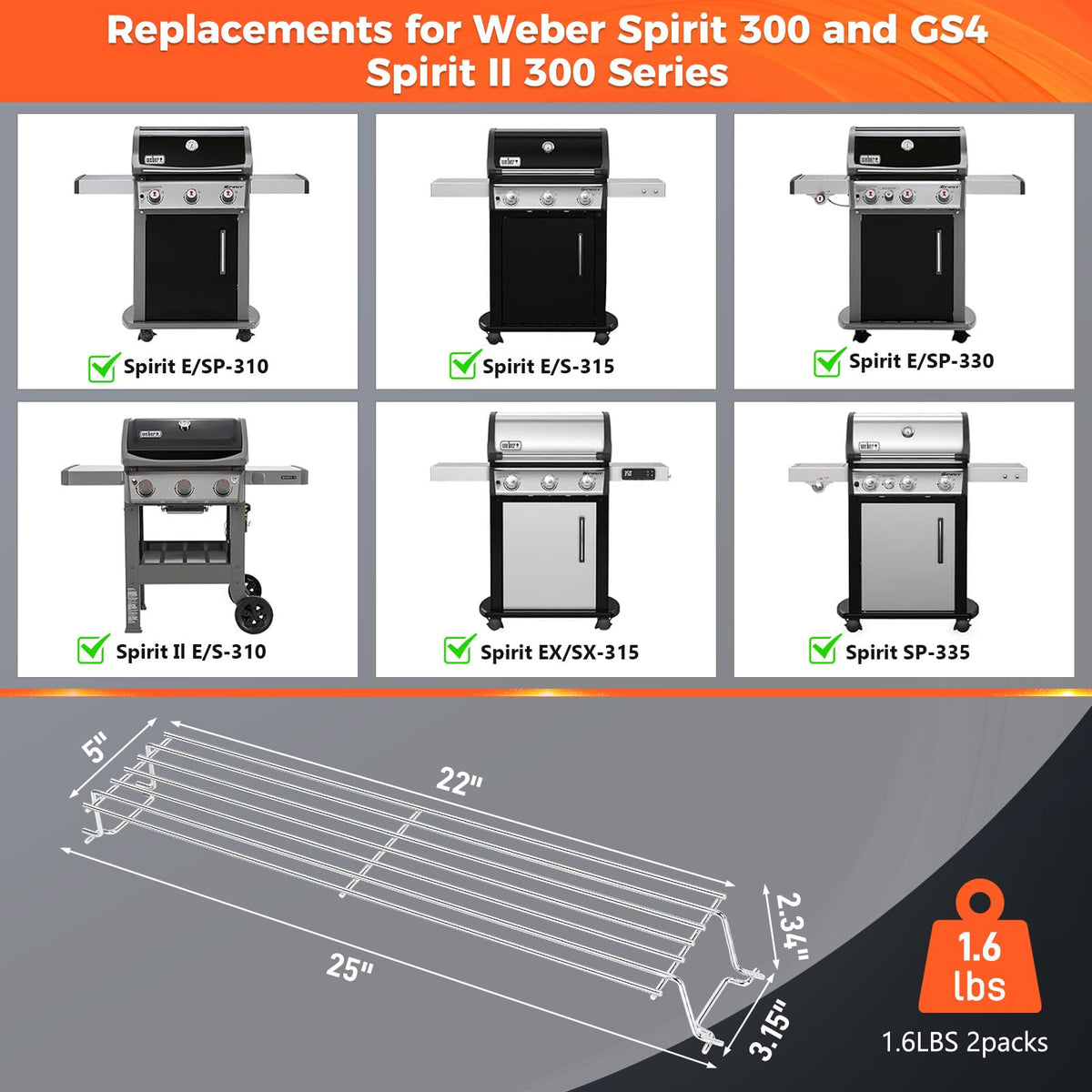 QuliMetal warming rack for Weber Spirit II 300, front view, easy access while cooking