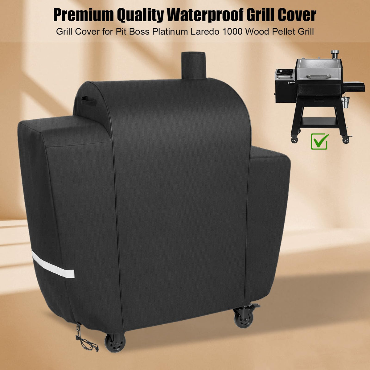 QuliMetal grill cover made of waterproof 600D fabric protecting a grill