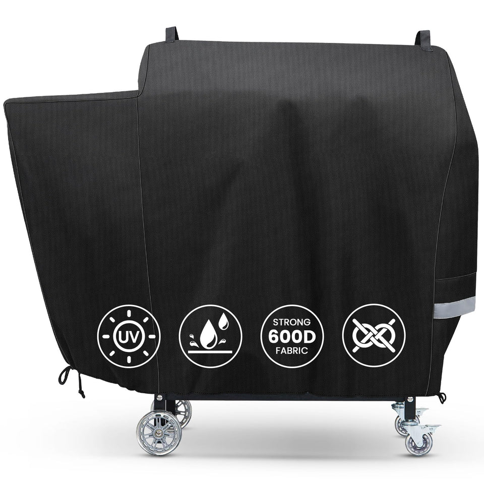 QuliMetal RT590 grill cover front view protects against rain and sun with a secure fit