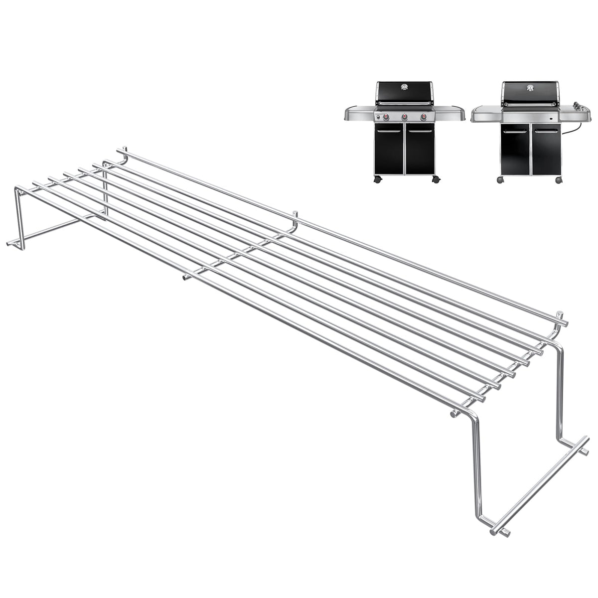 QuliMetal stainless steel warming rack on Weber Genesis 300 Series keeps buns warm while grilling.