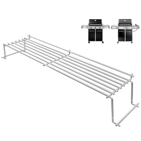 QuliMetal stainless steel warming rack on Weber Genesis 300 Series keeps buns warm while grilling.