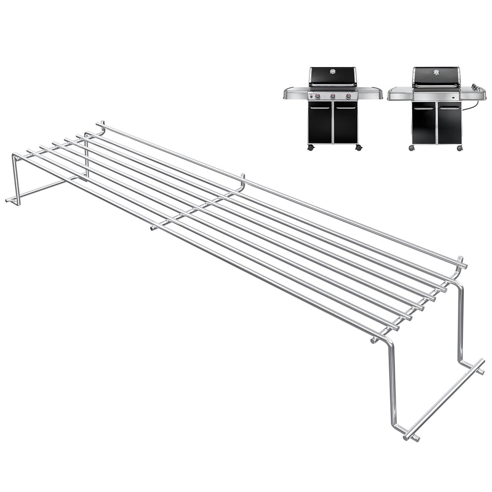 QuliMetal stainless steel warming rack on Weber Genesis 300 Series keeps buns warm while grilling.