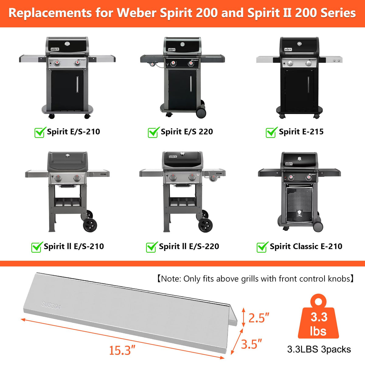 QuliMetal SUS304 flavorizer bar front view for Spirit II shows durable stainless surface