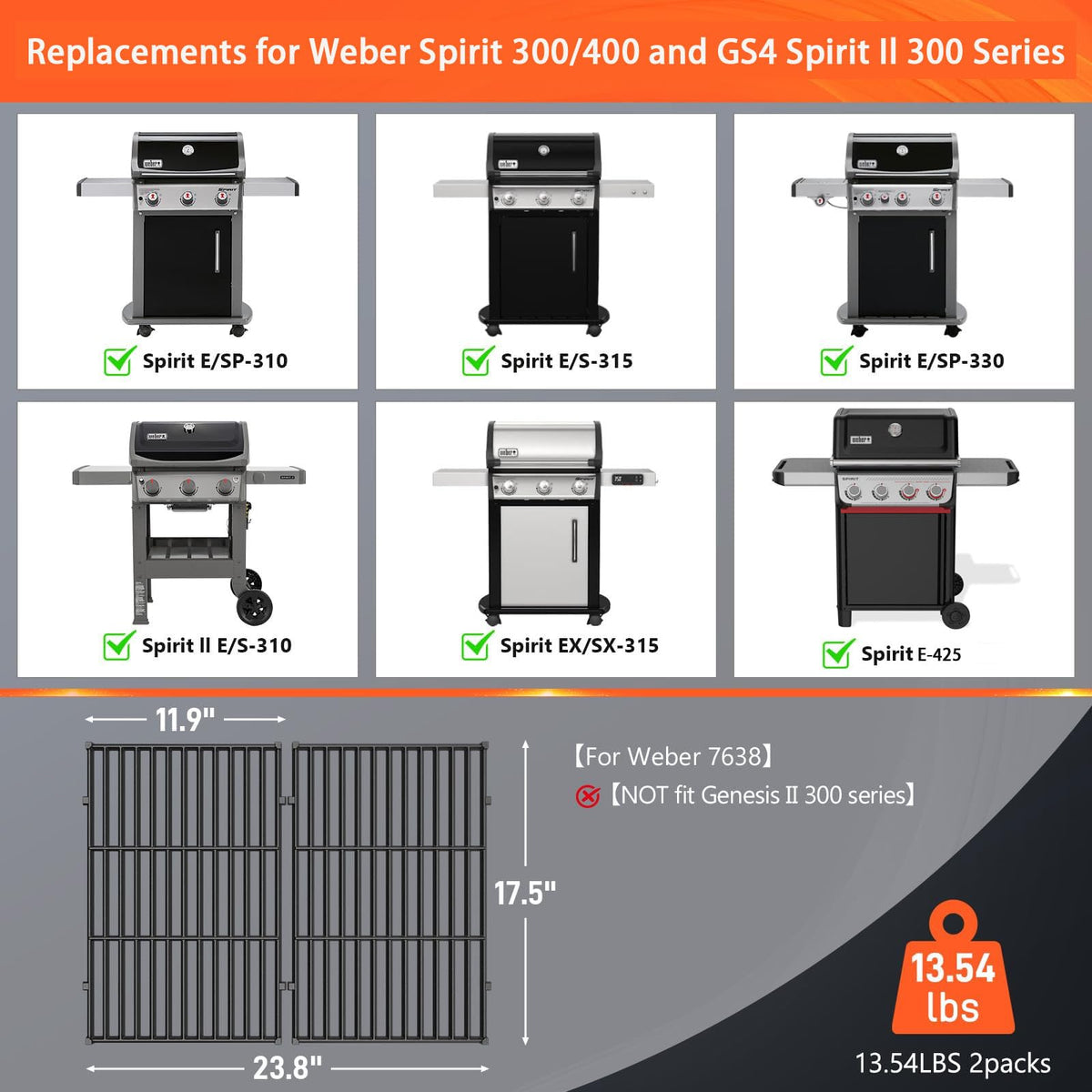 QuliMetal Weber Spirit II E310 17.5x11.9-inch grate promotes consistent temps for flavorful cooks.