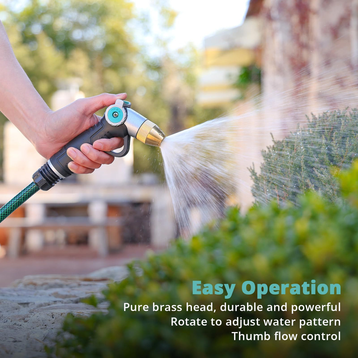 QUOBAS brass hose nozzle cone provides balanced spray for gardens.