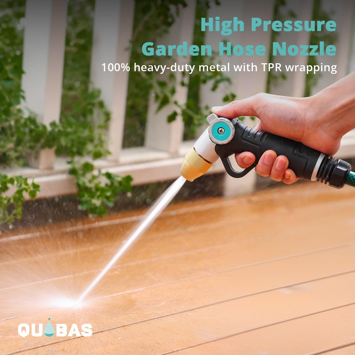 QUOBAS brass hose nozzle rinse enables wide spray for surface washing.
