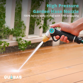 QUOBAS brass hose nozzle rinse enables wide spray for surface washing.