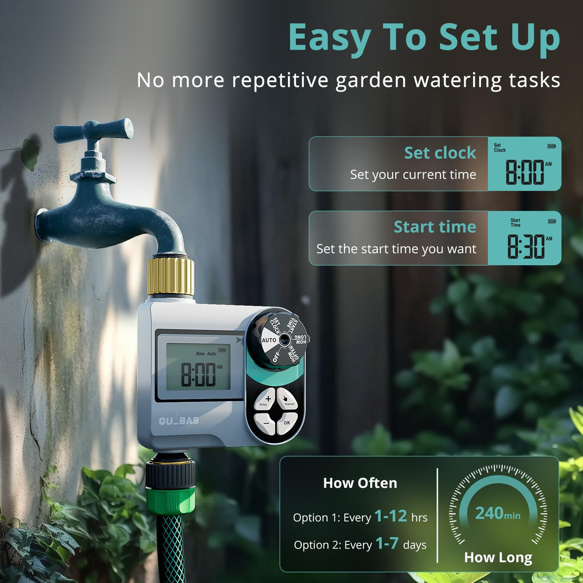 QUOBAS Brass Sprinkler Timer digital LCD display for easy programming