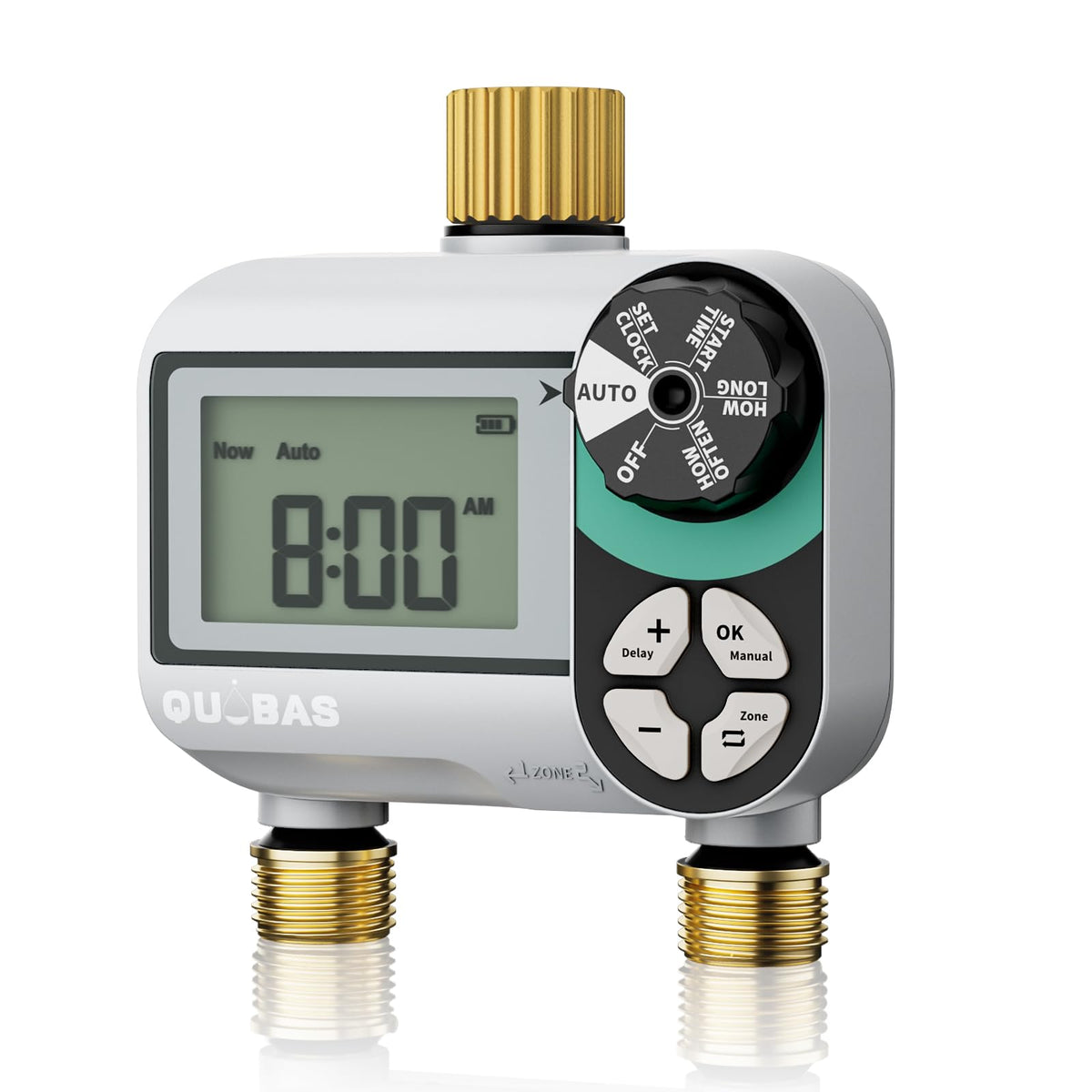 QUOBAS brass sprinkler timer front view showing durable outdoor build