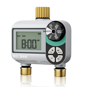 QUOBAS brass sprinkler timer front view showing durable outdoor build