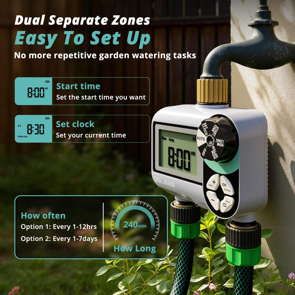 QUOBAS brass sprinkler timer LCD display close-up for easy scheduling
