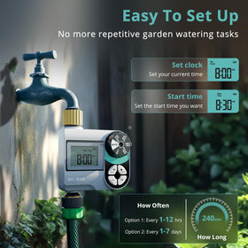 QUOBAS brass sprinkler timer side panel shows rugged, corrosion-resistant build for long outdoor use