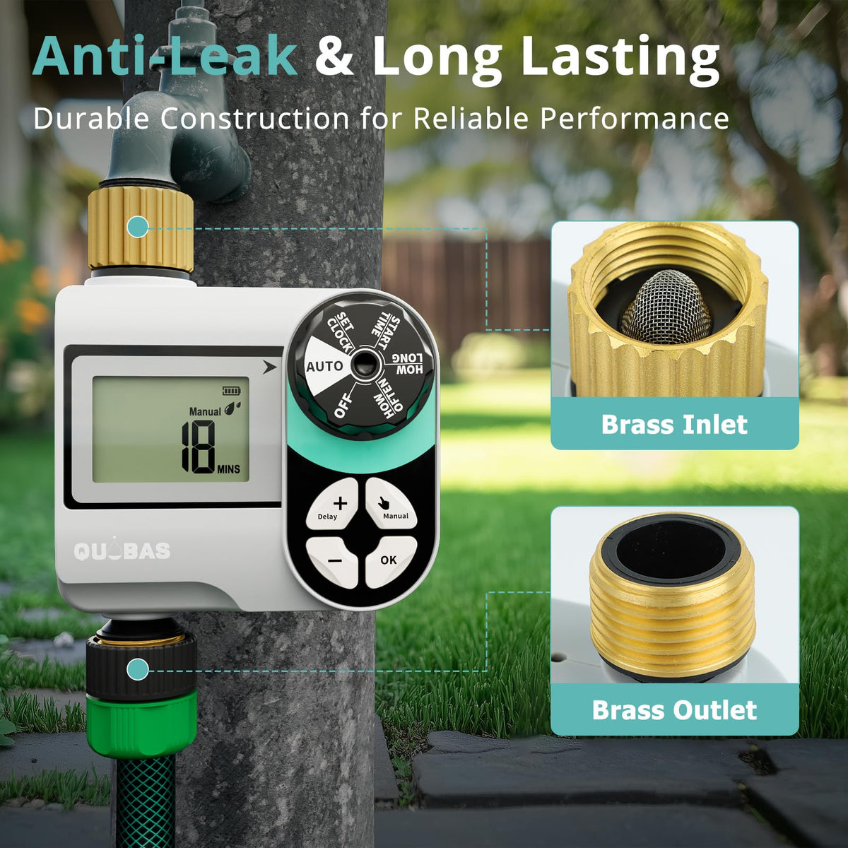 QUOBAS IPX5 waterproof design withstands rain and dew in outdoor setups