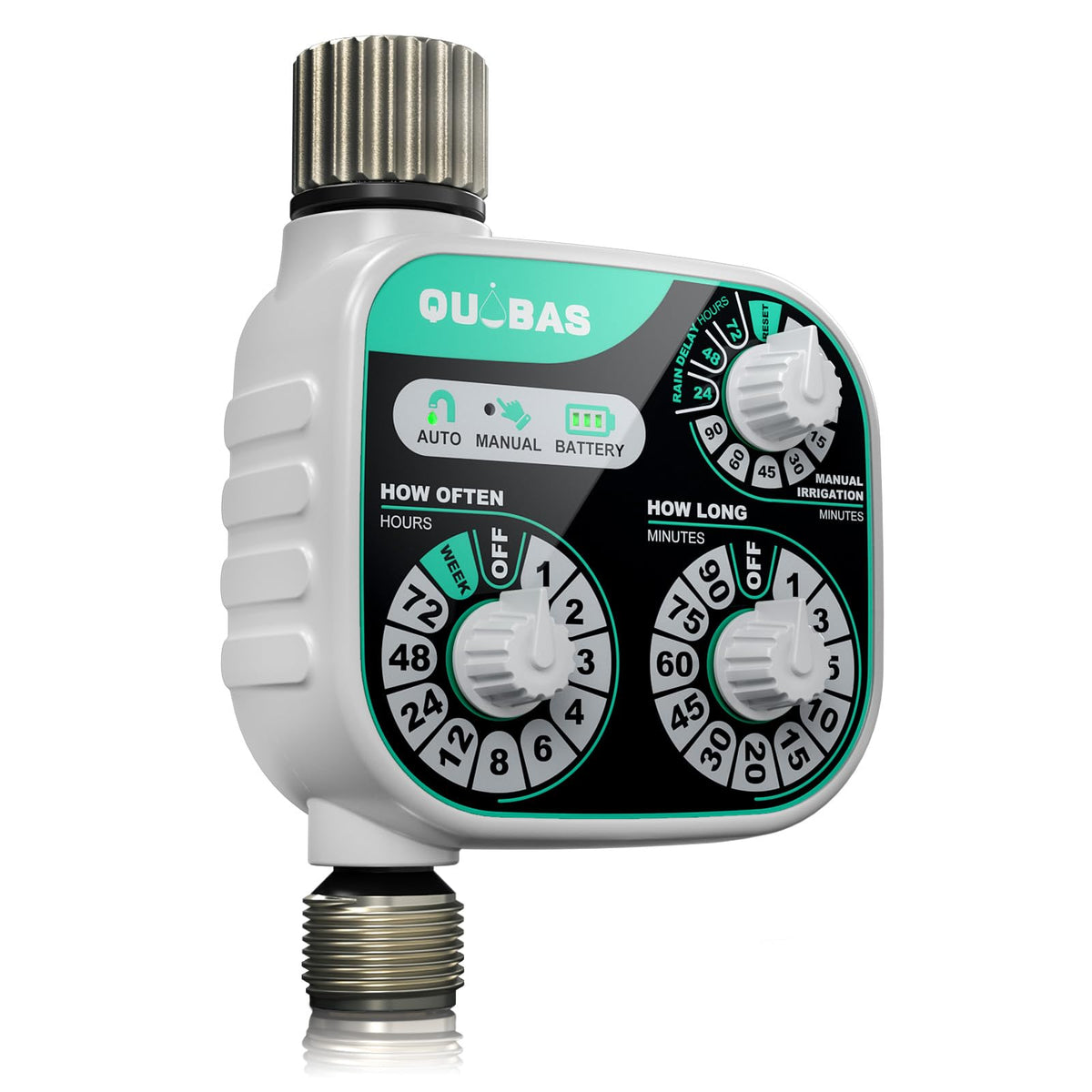 QUOBAS mechanical dial hose timer front view, durable metal ports for leak-proof watering