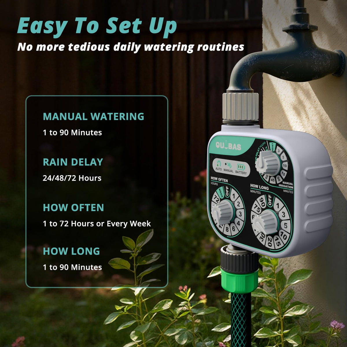 QUOBAS timer mounted on faucet showing 3/4-inch metal ports