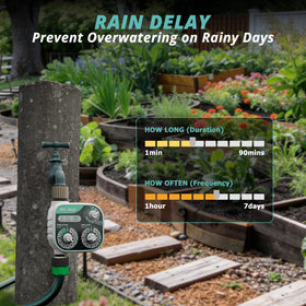 QUOBAS outdoor timer in use for lawn, pool, and garden tasks