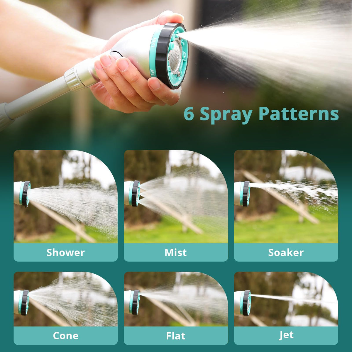 QUOBAS six spray patterns for versatile garden tasks.