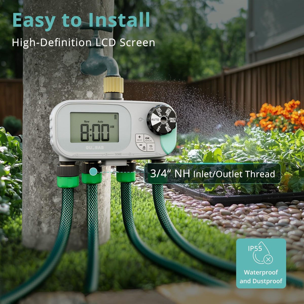 QUOBAS sprinkler timer 4-zone usage supports four zones for lawn, beds, and containers.
