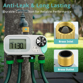 QUOBAS sprinkler timer battery compartment highlights battery-powered operation with long life.