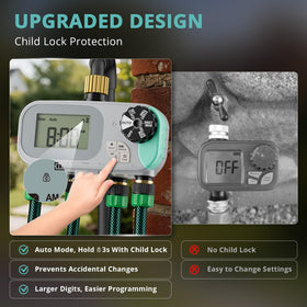 QUOBAS sprinkler timer digital display showing easy programming for schedules.