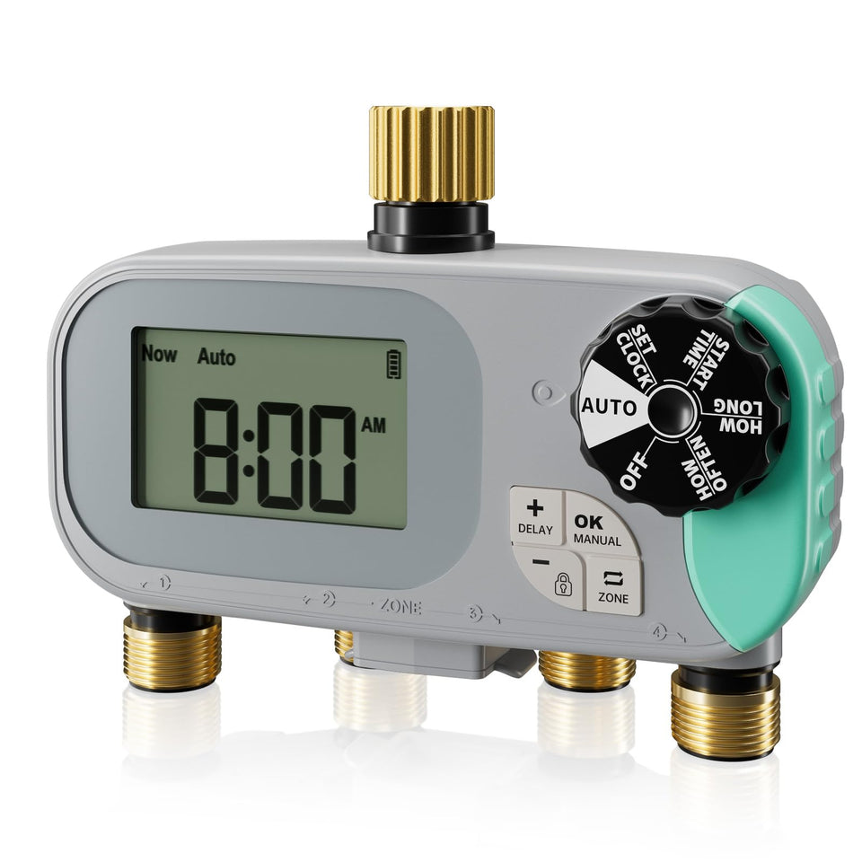 QUOBAS sprinkler timer front view with durable brass connections for reliable watering.