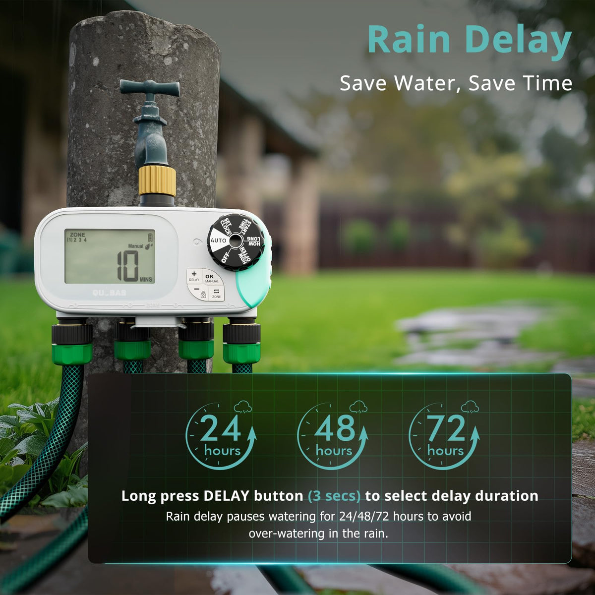QUOBAS sprinkler timer IPX5 screen demonstrates outdoor durability and readability.
