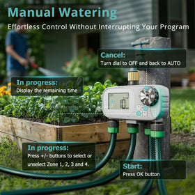 QUOBAS sprinkler timer rain delay illustrates water-saving pauses during rain.